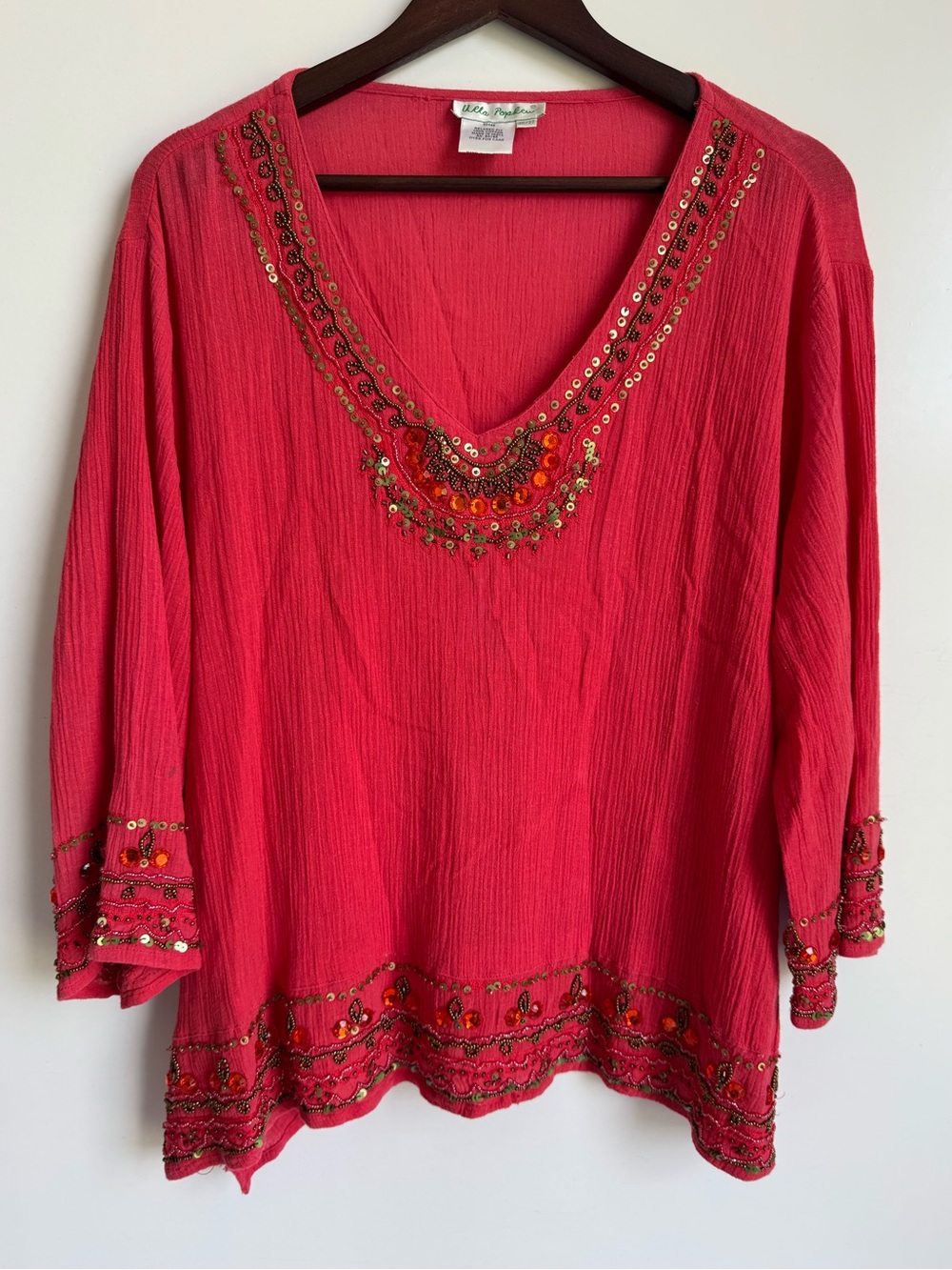 Ulla Popken Women 20 22 Embellished Boho Peasant Top Pink Coral 3/4 Sleeve‎ Bead
